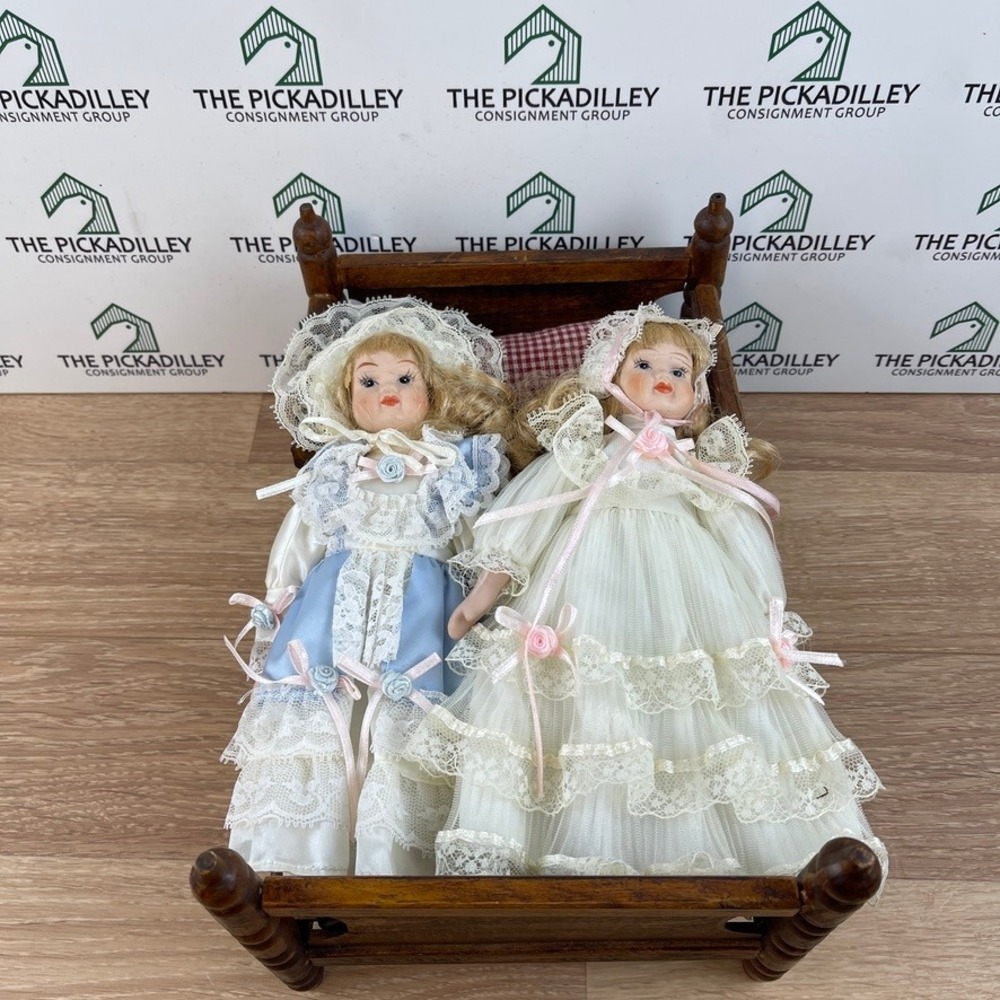 Vintage Porcelain Doll Set with Wooden Bed and Gingham Mattress 2 Dolls 8 Inch